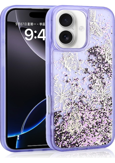 Apple Uyumlu iPhone 16 Kılıf Sıvılı Simli Kelebek Baskılı Şeffaf Arka Yüzey Zore Glis Silikon Kapak-mor