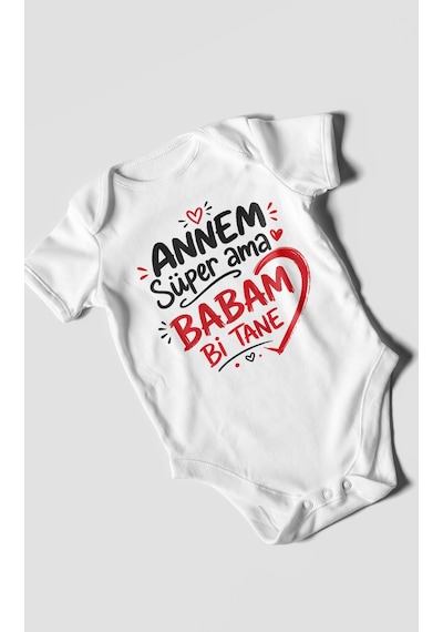 Morivokids Annem Süper Ama Babam Bi Tane Kısa Kollu Bebek Body %100 Pamuk Beyaz