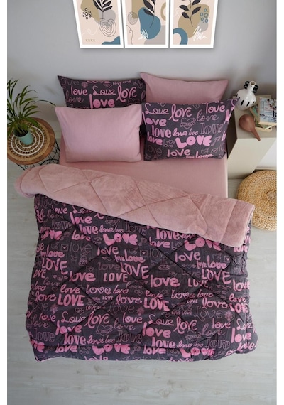 Love Desenli Çift Kişilik Çift Taraflı Wellsoft Uyku Seti - Pembe - 195x215