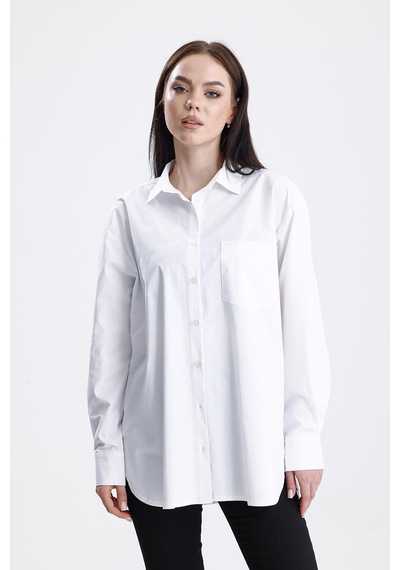 Sweetness Kadın Beyaz Oversize Likralı Pamuklu Cepli Uzun Kol Gömlek Beyaz