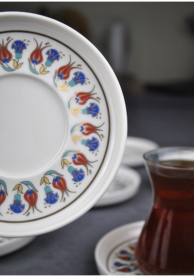 6'lı Porselen Çay Tabağı Yaldızlı Lale Motifli Gold Çay Tabak Çini Desen-tuna Lacivert