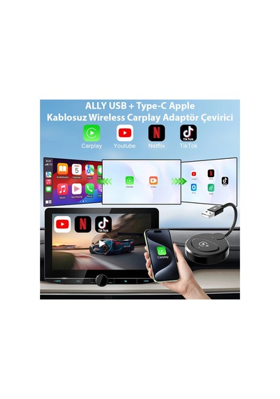 Usb+type-c Kablosuz Wireless Carplay Adaptör Çevirici -youtube Netflix Tiktok Vide - Karbul5423-7 Siyah