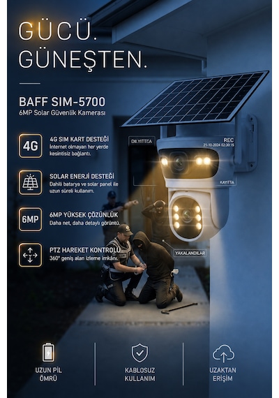 SIM-5700 6MP 4G SIM Kartlı Solar Güvenlik Kamerası Çift Lens PTZ Renkli Gece Görüşlü Dış Mekan (ICSEE)