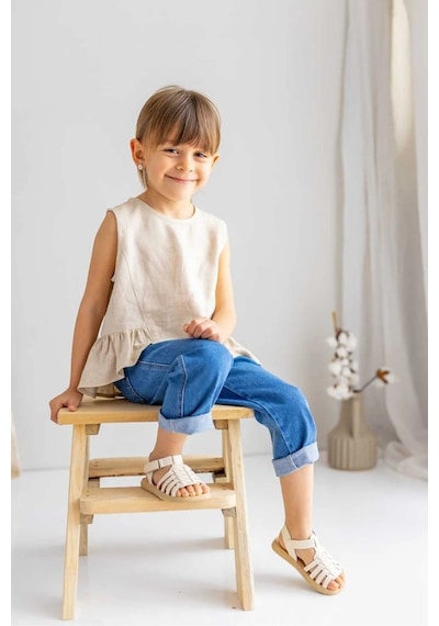 Oliventhekid Bej Naturel Keten Kolsuz Uçları Fırfırlı Kız Çocuk Bluz Bej Bej