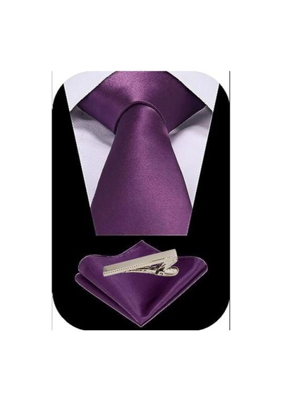 Tezzgelsin Erkek Saten Kravat Mendil Ve Silver Çelik Kravat İğne Set Mor