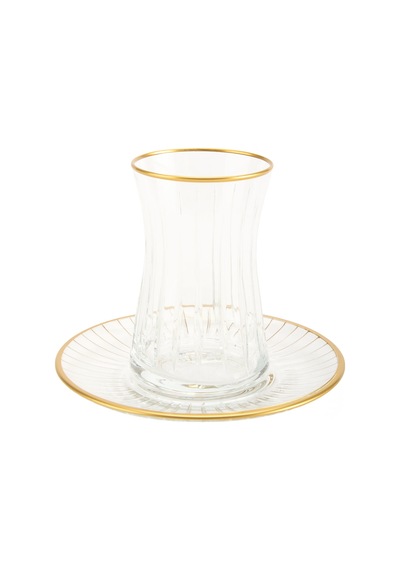 Alizee Cam Kesme Gold Rimli 12 Parça Çay Bardağı Seti - Şeffaf - 170 Ml Renkli