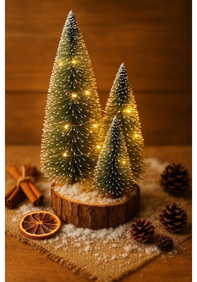 Ahşap Kütük Üzerinde 4 Lü Led Işıklı Noel Kar Efektli Çam Ağaçları Seti 23 Cm - 18 Cm - 12 Cm -13 Cm 23 CM