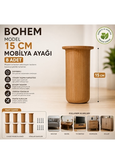Bohem Model 15 Cm Mobilya Ayağı Söğüt Rengi Sert Polimer Koltuk Dolap Tv Ünitesi Ayağı-8 Adet Krem