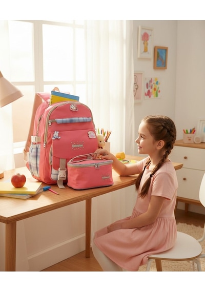 Rlx-1396 3'lü Set Çocuk İlkokul Çantası Kalemlikli Beslenme Çantalı Sırt Çantası Pembe Çok Renkli