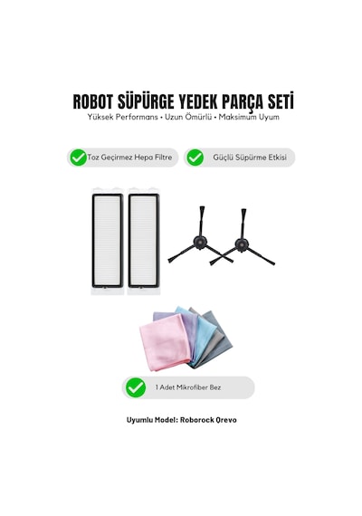 Roborock Qrevo İle Uyumlu 2 Siyah Yan Fırça 2 Filtre 1 Temizlik Bezi 9.0