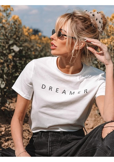 Dreamer T-shirt - Beyaz Baskılı Oversize Bisiklet Yaka Kısa Kol Tişört Beyaz