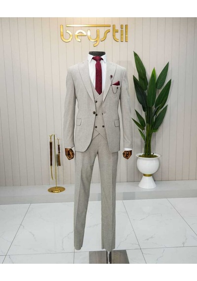 Bys Beystil Sivri Yaka Krem Takım Elbise Muline - Slim Fit