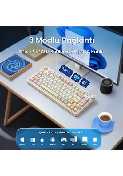 Aula Au75 3 Modlu Rgb Hot Swap Mekanik Tkl Bloomfield Switch Kablosuz Makrolu Klavye Krem