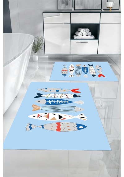 Buççin Online Mağaza Dijital Baskılı Yıkanabilir Renkli Balık Desenli Banyo Paspası Klozet Takımı Polyester Mavi Çok Renkli