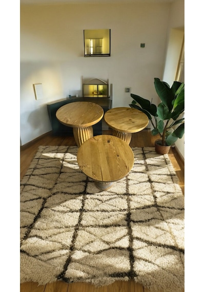 Wood Wooden Ahşap 3 Lü Set Mantar Yan Sehpa Modern Meşe Renk
