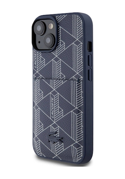 Apple Uyumlu iPhone 15 Kılıf Lacoste Lisanslı Magsafe Özellikli Pu Deri Görünüm Kartlıklı Monogram Desen Lacivert