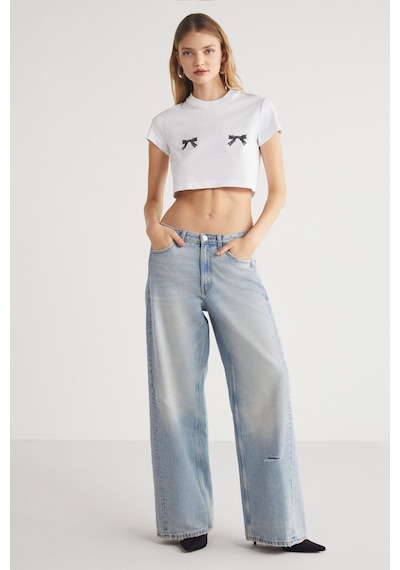 Ethıquet  Krım Kadın Kurdele Baskı Detaylı %100 Organik Pamuklu Bisiklet Yaka Crop Beyaz T-shirt