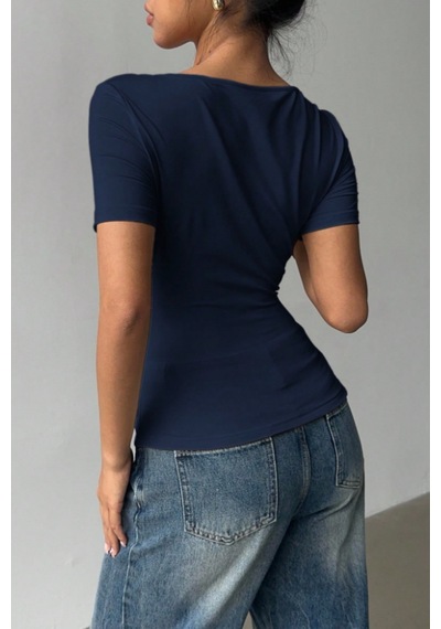Kadın Çapraz Yaka Kısa Kollu Slim Fit Bluz Lacivert