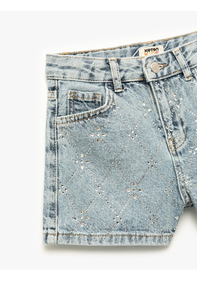Koton Pamuklu Slim Fit Taş Detaylı Denim Şort Lıght Indıgo 5skg40146ad Açık Mavi