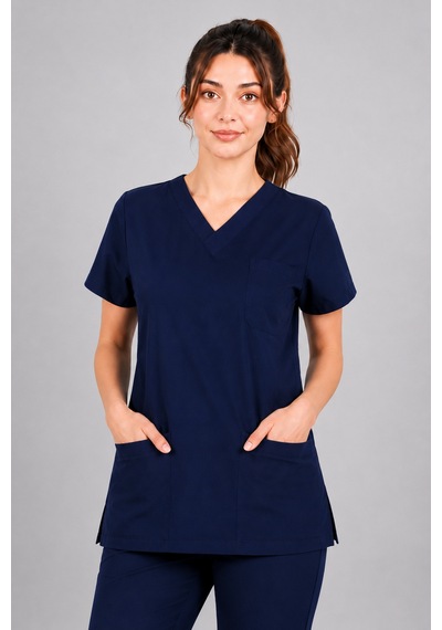 Tek Üst Lacivert Likralı Unisex Medikal Hemşire Ve Doktor Üniforması Tek Üst Yarasa Kol Scrubs