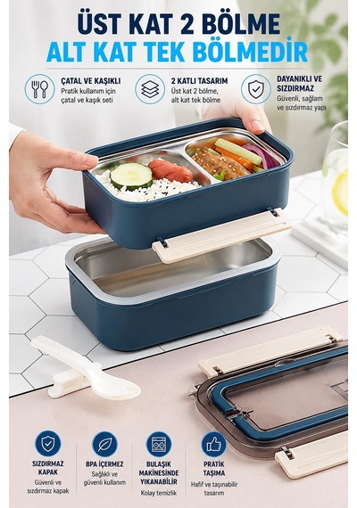 Vagonlife Bl2221-2 Pembe 1600 Ml 2 Katlı 3 Bölmeli Paslanmaz Çelik Lunch Box Beslenme Kabı Çok Renkli