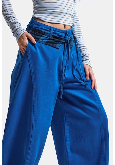 Kadın 6w6-103 Barrel Fit Ekose Kemer Detaylı Tasarım Denim Jean Mavi