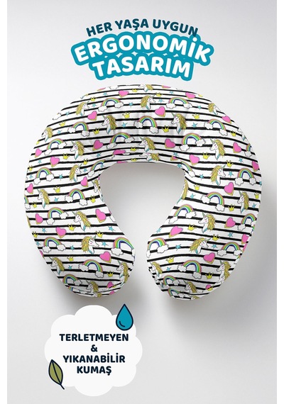 Unicorn Kalpli Pamuklu Boyun Yastığı - Neşeli Çizgi Gökkuşağı Pembe Sarı Seyahat Yastığı Çok Renkli