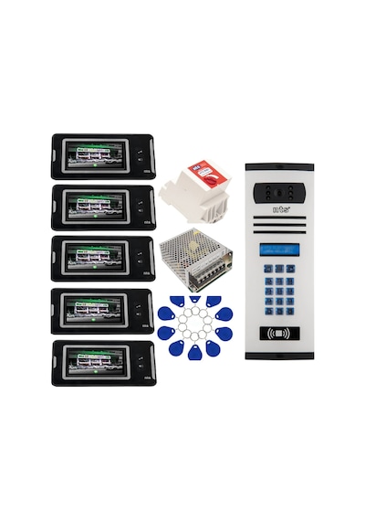 5 Daire Nts 2001-s 4,3'' Görüntülü Diafon Siyah-8004 Tuş Takımlı Şifreli+geçişli Zil Panelli Set