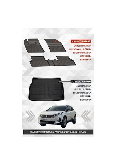 Sahler Peugeot 3008 2016-2024 Uyumlu 4.5d Premium Havuzlu Oto Paspas Ve Liner Marka 3d Üst Bagaj Havuzu