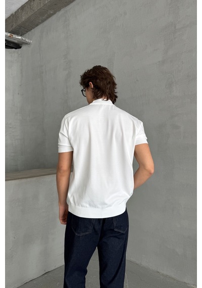 Erkek Oversize Yarım Balıkçı Triko T-shirt Beyaz