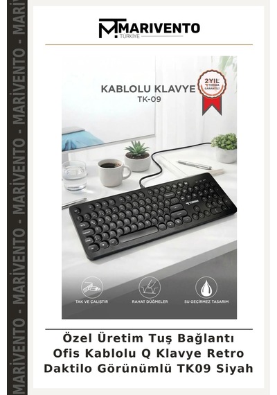 Özel Üretim Tuş Bağlantı Ofis Kablolu Q Klavye Retro Daktilo Görünümlü Tk09 Siyah