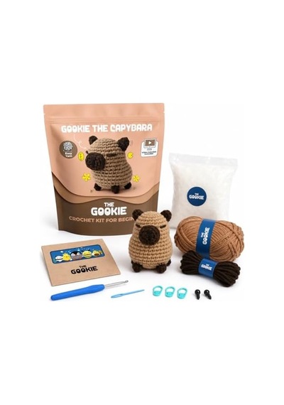 The Gookie Başlangıç Seviyesi Amigurumi Kapibara Örgü Seti, El Yapımı Tığ İşi Oyuncak, Kahverengi, Tam Set Malzemelerle Açık Bej