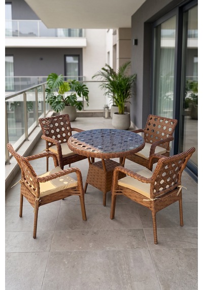 Eterna Serisi 1.sınıf 4 Adet Tekli Cappucino Rattan Krem Minder Bahçe Balkon Takımı