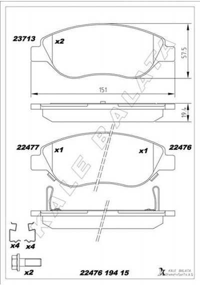 On - 936 - Balata Fıat Egea 15- 1.4 1.5 T4 Hıbrıt 1.6 D K:19 Mm G:151.1 Mm Büyük Tip 8 - Mıxdepo - Adet Klips Ön Balata