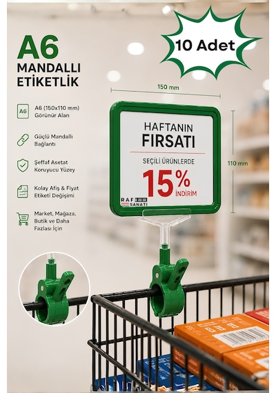 10 Adet - A6 Fiyatlık Mandallı Etiketlik Sepet Raf Askılık Fiyat Etiketi Çerçeveli Market Mağaza Yeşil