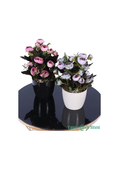 Yapay Çiçek Sitesi Plastik Saksıda Yapay Tomurcuklu Ranunkulus Tanzimi 2'li Set 30 Cm Pembe - Lila