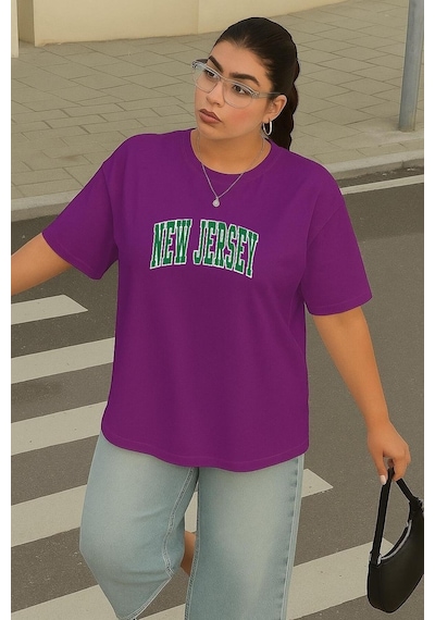 Büyük Beden New Jersey Baskılı Unisex Tişört Mor