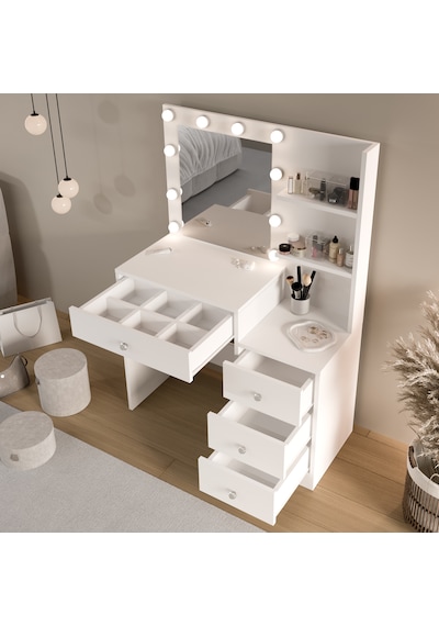 Robin Home Hollywood Makyaj Masası 4 Çekmeceli Düzenleyici Hollywood Led Işıklı Raflı Beyaz Robin Home Hollywood Makyaj Masası 4 Çekmeceli Düzenleyici Hollywood Led Işıklı Raflı Beyaz