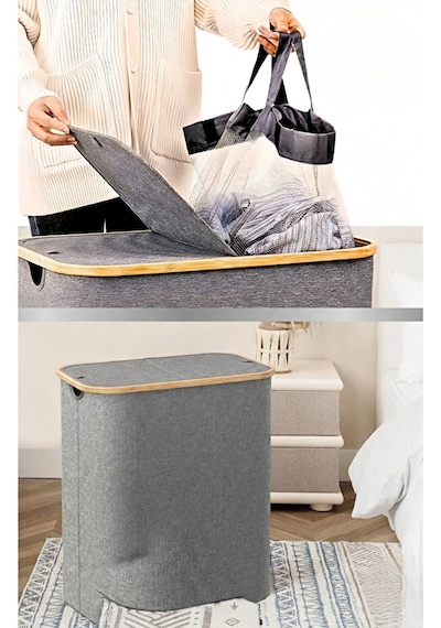 Bambu Çerçeveli 150 Litre Kapaklı Katlanabilir Çamaşır Sepeti, 2 Bölmeli Kirli Sepeti 70 X 57 X 37 Gri