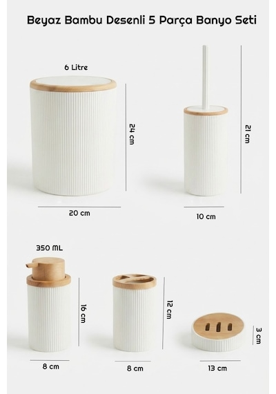 Makri Home Beyaz Bambu Desenli 5 Parça Banyo Seti, Şık Tasarımlı, Hacim: 6 Litre Ahşap - Beyaz