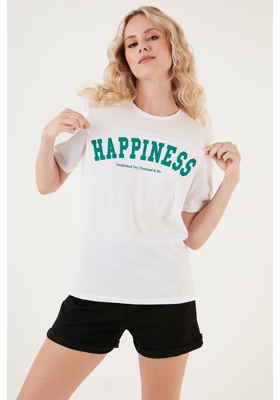 Lela Baskılı Pamuklu Oversize Bisiklet Yaka Bayan T Shirt 541Happiness Beyaz