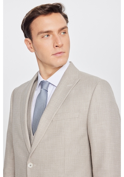 Ac&co Erkek Bej Slim Fit Dar Kesim Kırlangıç Yaka Kapak Cepli Çizgili Takım Elbise