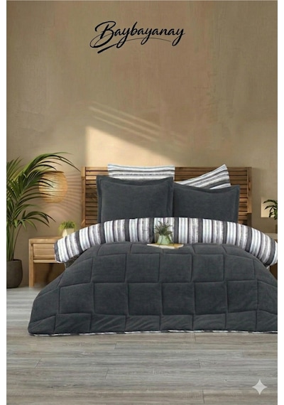 Çift Kişilik Uyku Seti Sherpa Comforter Antrasit