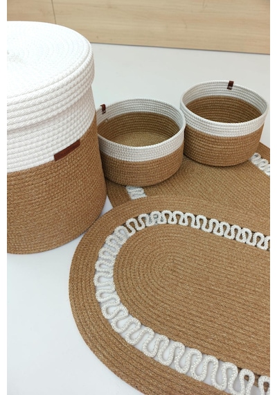 El Yapımı Dekoratif Örgülü Model 5'li Banyo Seti 2 Li Paspas 50x80 Cm Ve 40x60 Cm + Sepetler 18x18 Cm & Çamaşır Sepeti 35x33 Cm Hasır Jüt Renk