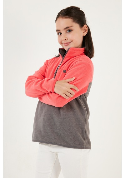 Lela Yumuşak Dokulu Yarım Fermuarlı Renk Bloklu Dik Yaka Unisex Çocuk Polar 5905004 Somon-Gri