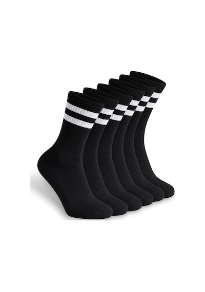 Socketta Erkek Spor Dikişsiz Havlu Taban 6'lı Beyaz Çizgili Soket Çorap Premium Siyah