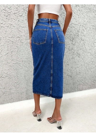 Kadın Denim Esnek Kumaş Yırtmaçlı Uzun Etek Koyu Mavi