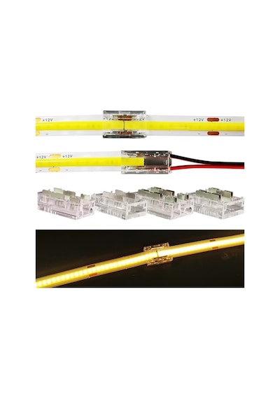 4 Adet 10 Mm Cob Led Şerit Ara Konnektörü 2 Pin Tek Renk Şerit Birleştirme Aparatı Karanlık Alan Bırakmayan Şeffaf Lehimsiz Bağlantı
