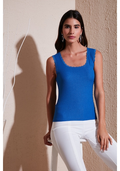 Lela Slim Fit Kalın Askılı Dantelli Kare Yaka Bürümcük Bayan Atlet 5864979 Saks