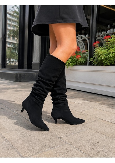 Asmi Shoes Kadın Tima Siyah Süet 6 Cm Topuklu Körüklü Sivri Burun Çivi Topuk Çizme